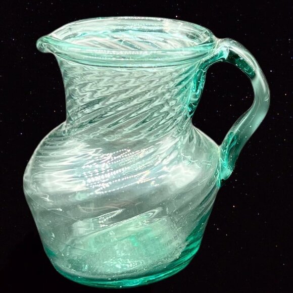 Studio Art Glass Miniature Pitcher Creamer Hand Blown Green Applied 3”T 2.5”T - Picture 1 of 12